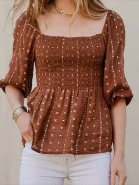 Good Hart Matilda Jane Kimbell Top Boho Cottagecore Peasant Western Brown Small